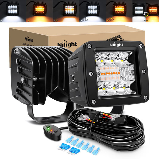 Nilight - 2 Barras de luz de 42 W de 3 Pulgadas, cúbico, luz estroboscópica, Color ámbar Blanco, 6 Modos, función de Memoria, Ideal para Condiciones de Niebla y Nieve, Todoterreno, camión, cuatrimoto