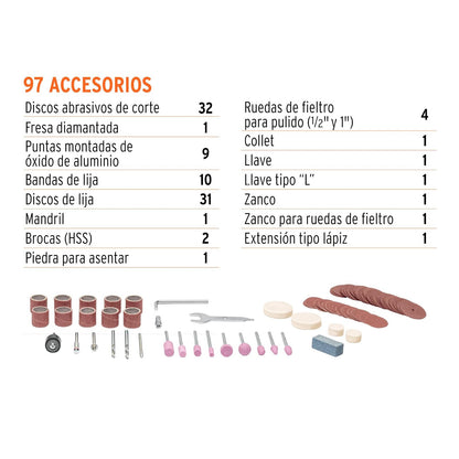 Truper PRO MOTO-A3, Herramienta rotativa 135W con 97 accesorios