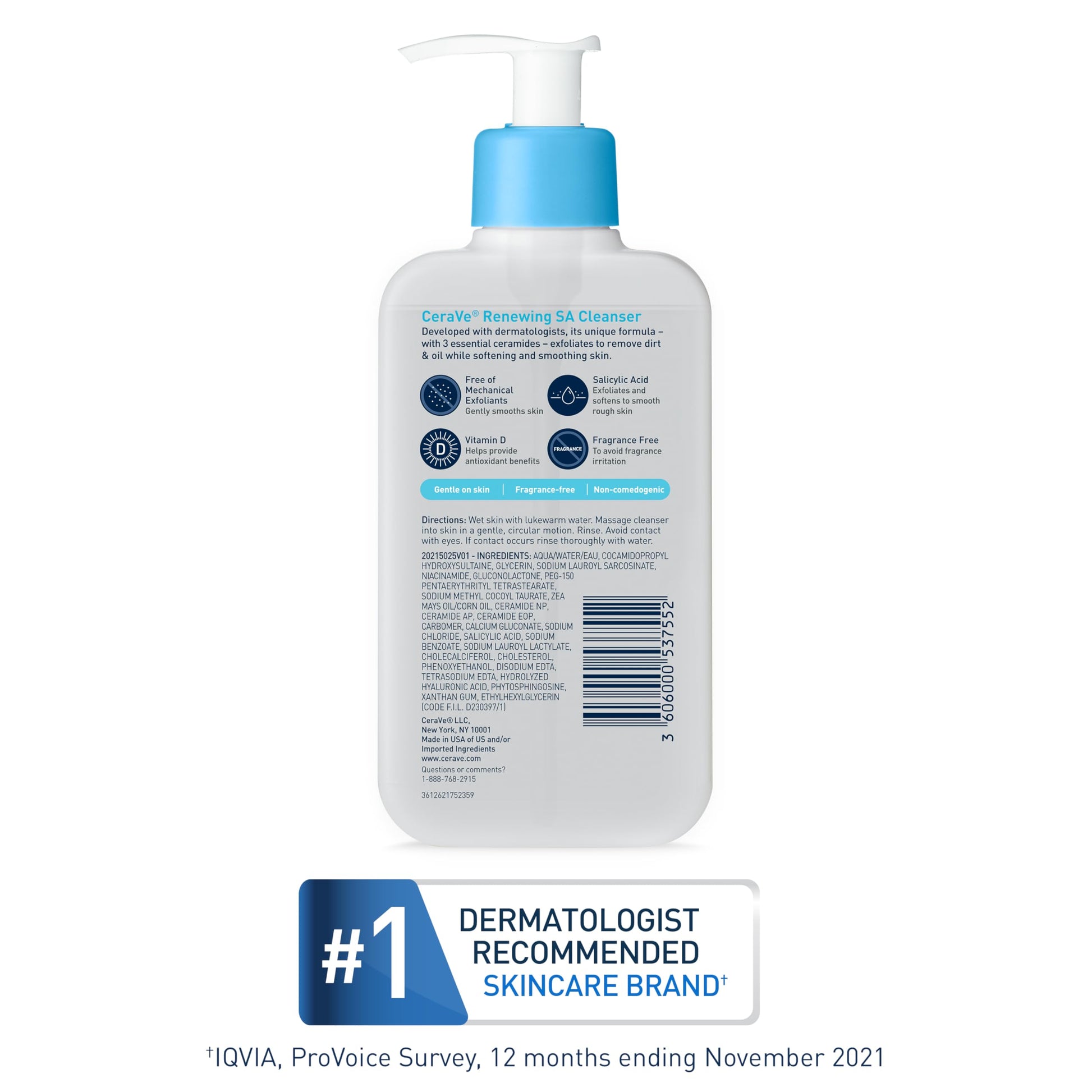 CeraVe SA Cleanser | Salicylic Acid Cleanser with Hyaluronic Acid, Niacinamide & Ceramides| BHA Exfoliant for Face | Fragrance Free Non-Comedogenic | 16 Ounce