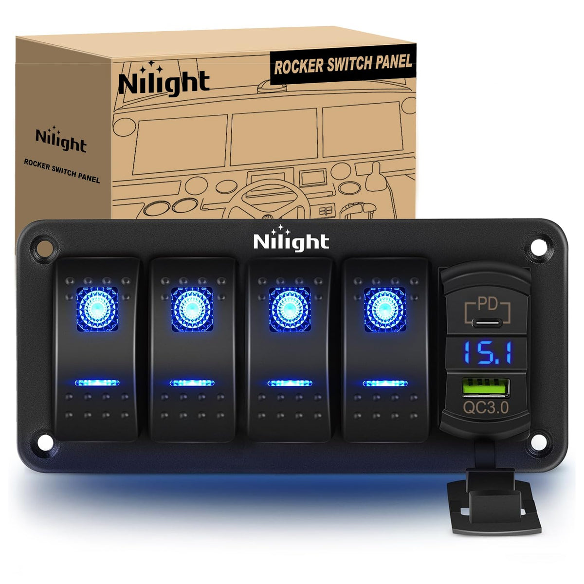 Nilight - Panel de interruptor basculante de 4 bandas, retroiluminado azul con PD tipo C y voltímetro de cargador USB, impermeable, interruptores de 12 V, 24 V, CC con calcomanías de brillo nocturno, - Tipo C + USB Azul