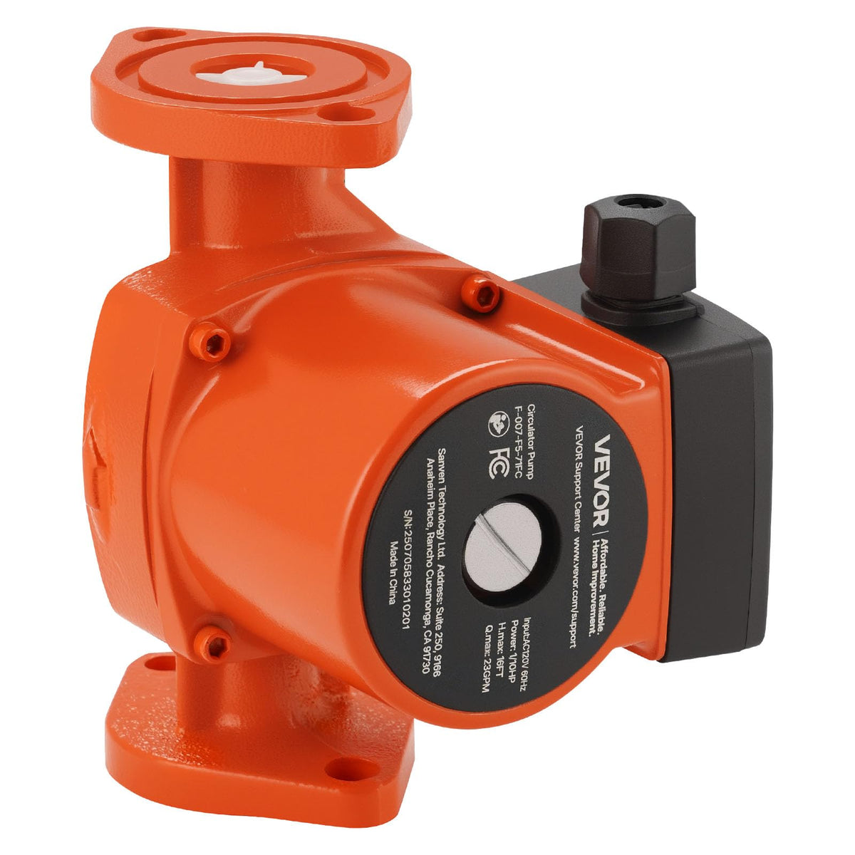 VEVOR Bomba Circuladora de Hierro Fundido para Agua Caliente, 17 GPM, 3 Velocidades - Naranja + Negro - 160 x 152 x 124 mm