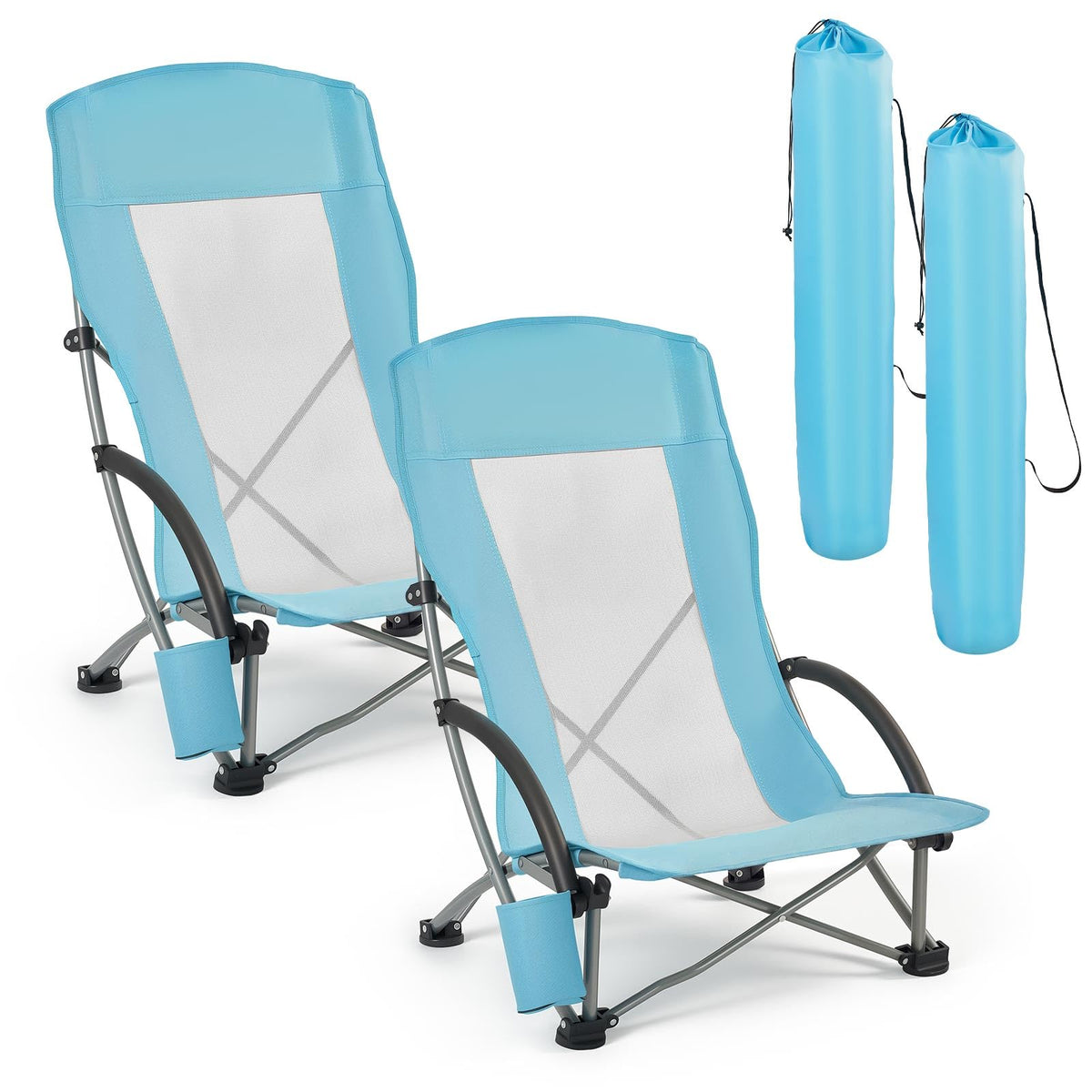 VEVOR Silla de Playa Plegable, Paquete de 2, Capacidad Máxima de 150 kg con Respaldo Alto de Malla, Almohada, Silla de Camping Portátil, Resistente con Portavasos para Exteriores Barbacoa Aire Libre