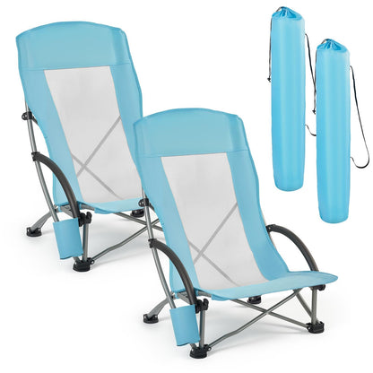 VEVOR Silla de Playa Plegable, Paquete de 2, Capacidad Máxima de 150 kg con Respaldo Alto de Malla, Almohada, Silla de Camping Portátil, Resistente con Portavasos para Exteriores Barbacoa Aire Libre