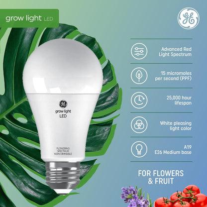 GE - Luces de cultivo para plantas de interior, bombillas LED A19 para flores y frutas con espectro avanzado de luz roja, luz blanca para plantas de interior, 25.000 horas de vida útil, 15 PPF,
