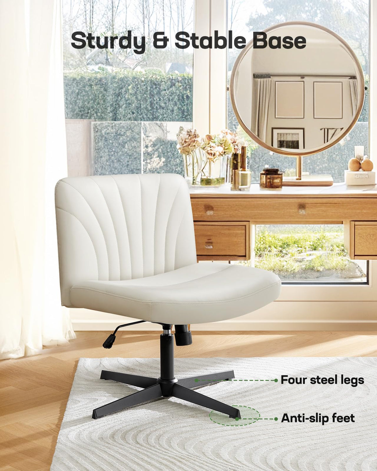 Marsail - Silla de Oficina con Patas Cruzadas: Silla de computadora de Piel sintética, Amplia sin Brazos, Silla giratoria de Altura Ajustable para Maquillaje, Espacio pequeño, habitación de Cama