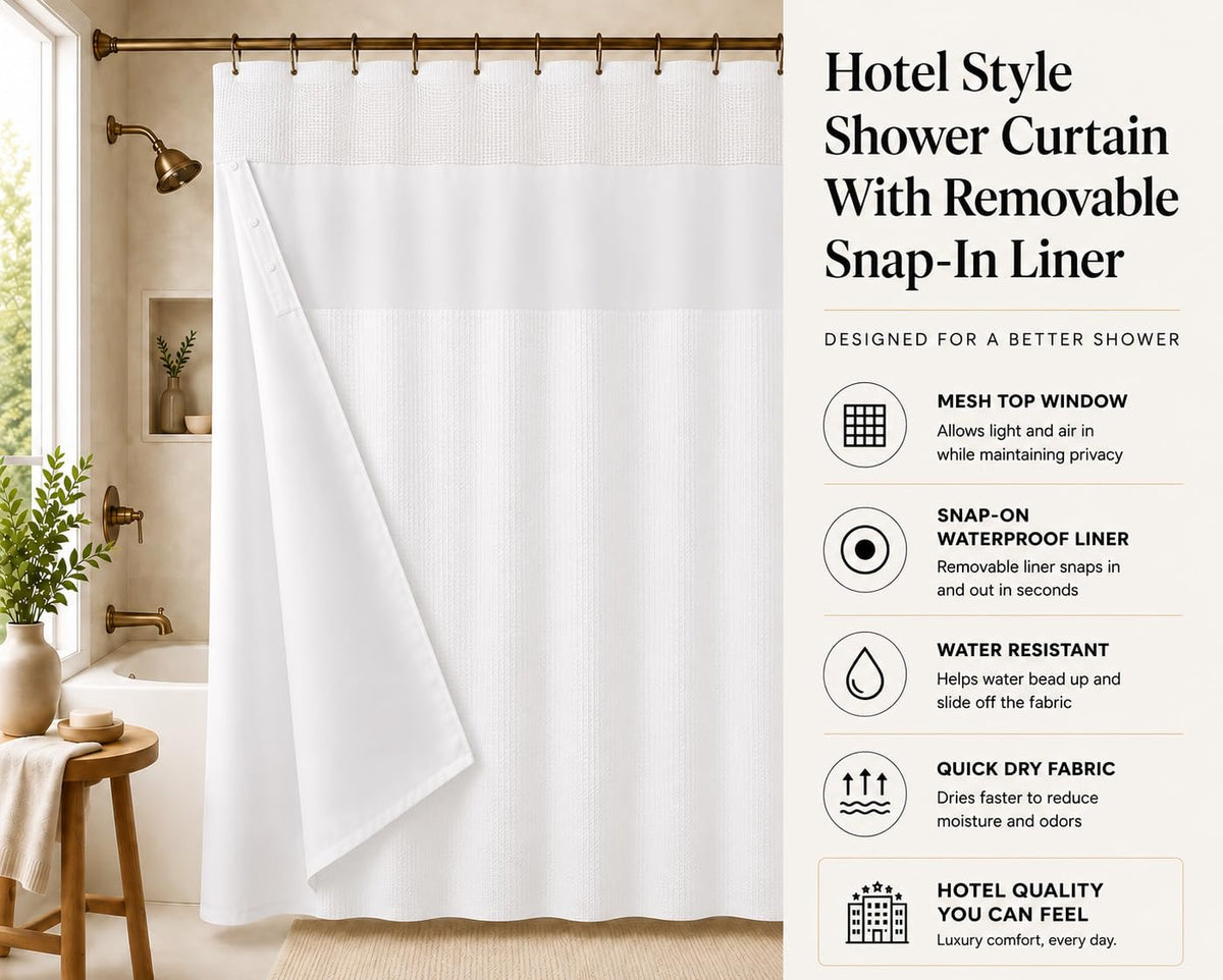 Dainty Home Smart Design - Cortina para regadera, Tela, Piqué Blanco., 72 Inch Wide x 72 Inch Long, 1