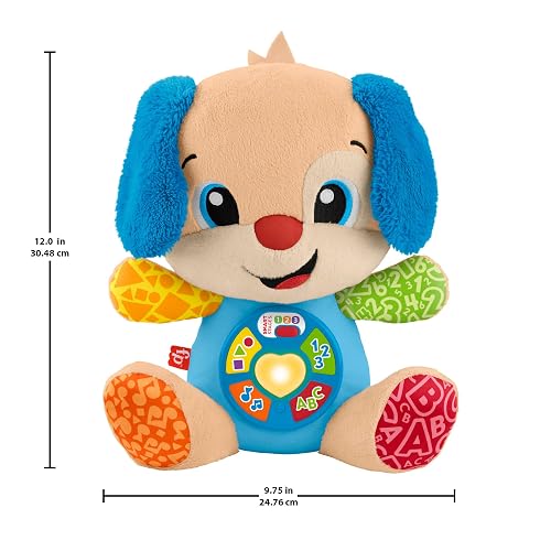 Fisher-Price Ríe y Aprende Perrito Aprende Conmigo 6+ Meses | Peluche musical; 5 botones, corazón iluminado y más de 80 canciones en español e inglés