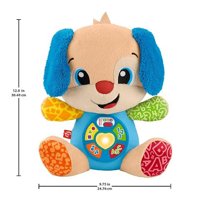 Fisher-Price Ríe y Aprende Perrito Aprende Conmigo 6+ Meses | Peluche musical; 5 botones, corazón iluminado y más de 80 canciones en español e inglés