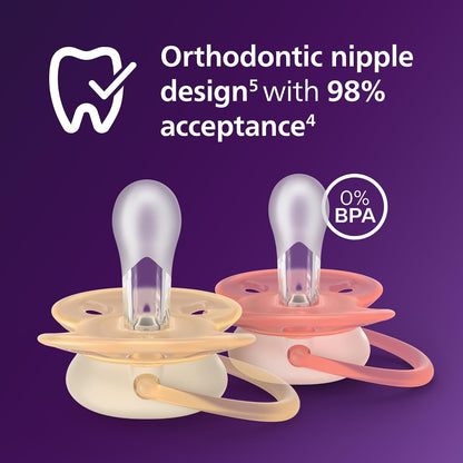 Philips Avent - Chupones ultra suaves, diseño ortodóntico, para bebés de 0 a 6 meses, escudo flexible, pezón simétrico de silicona, sin BPA, 2 fundas esterilizadoras, paquete de 4, SCF091/47