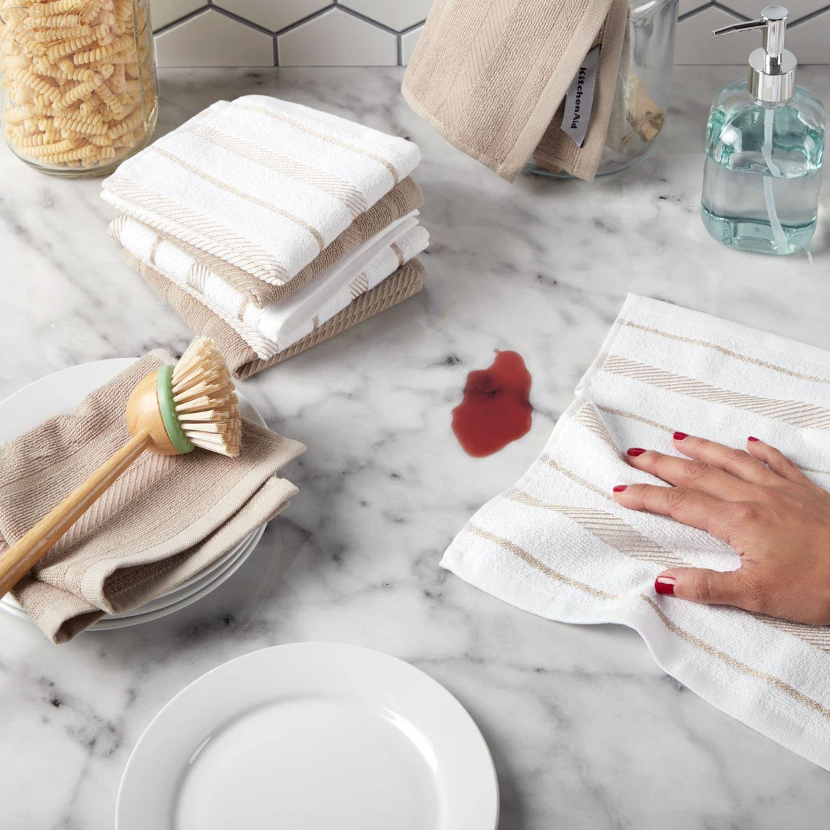 KitchenAid Albany - Juego de 8 paños de Cocina, licuado/Blanco, 12 x 12 Pulgadas
