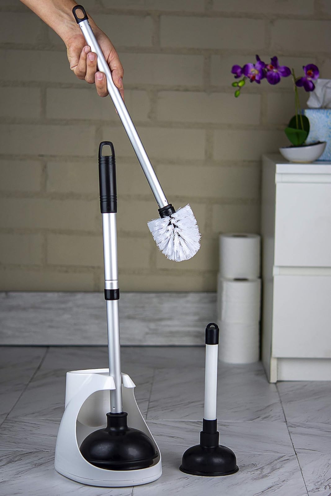 NEIKO 60168A - Juego de émbolos de Inodoro, 4 Piezas, Mini Fregadero y émbolo de Drenaje, Cepillo para Polvo y Carrito de Inodoro, diseño Patentado de Todo ángulo, Mango telescópico de Aluminio,