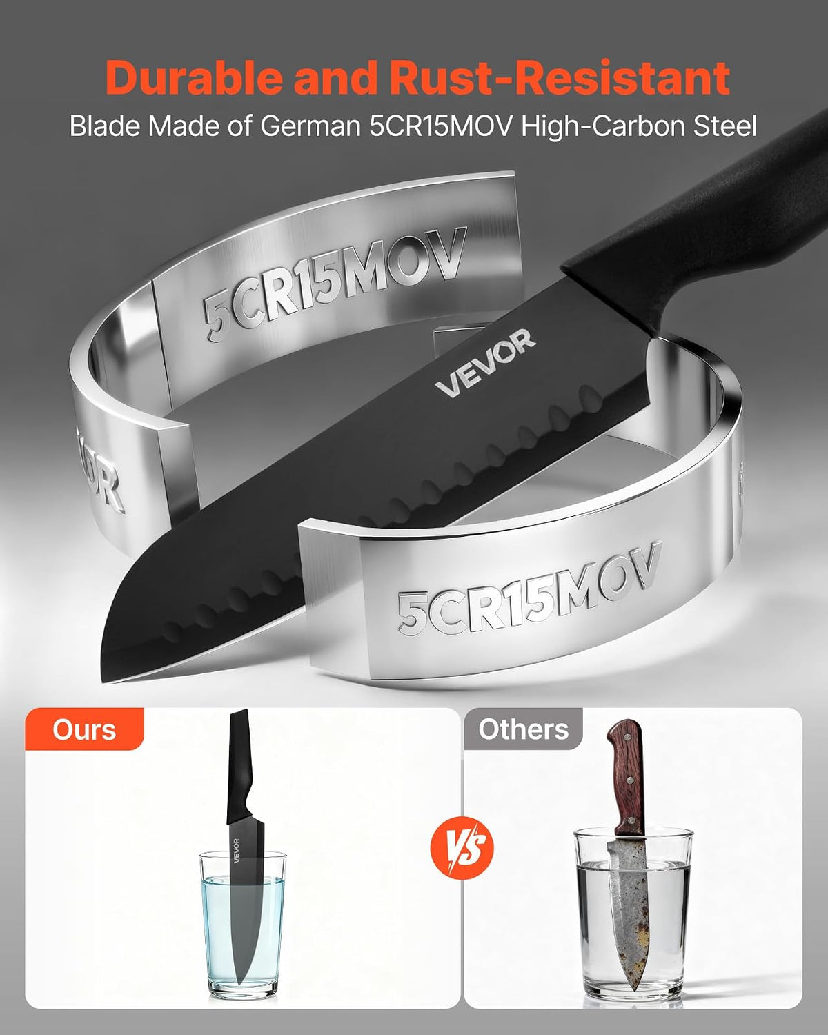 VEVOR Juego de Cuchillos de Cocina con Bloque de Madera y Afilador, con Cuchillos Afilados de Acero Inoxidable de Alto Carbono, con Mango Ergonómico de PP, Hoja 5CR15MOV, 15 Piezas, Color Negro