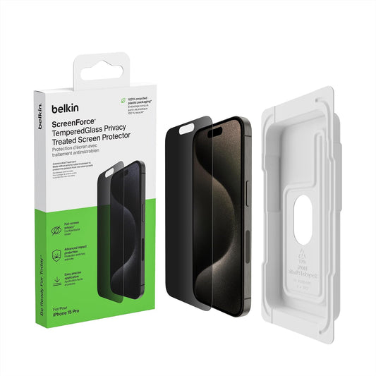 Belkin - Película protectora de vidrio para iPhone 15 Pro, vidrio templado (antiespía, vidrio templado, AGC japonés), antibacteriano, ultrafino de 0,33 mm con kit de instalación fácil OVA149zz