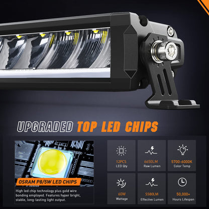 Nilight - Barra de luz LED de 15.5 pulgadas DRL 60 W 6650 LM antirreflejos Offroad Delgado IP68 de una sola fila de luces de conducción con kit de cableado DT de 16 AWG para camioneta, SUV, ATV, UTV, barco, 4 x 4 Jeep, 5 años de garantía
