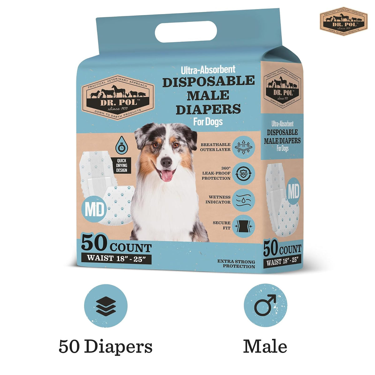 Dr. Pol - Pañales para Perros Macho, superabsorbentes, Transpirables, a Prueba de Fugas con indicador de Humedad, Mediano, 50 Unidades