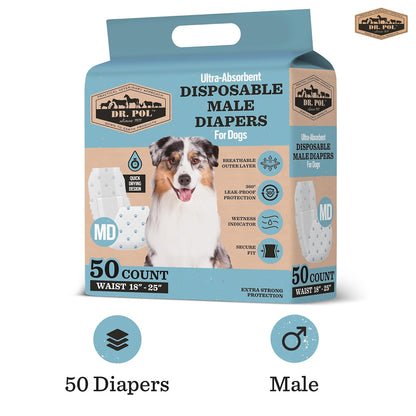Dr. Pol - Pañales para Perros Macho, superabsorbentes, Transpirables, a Prueba de Fugas con indicador de Humedad, Mediano, 50 Unidades