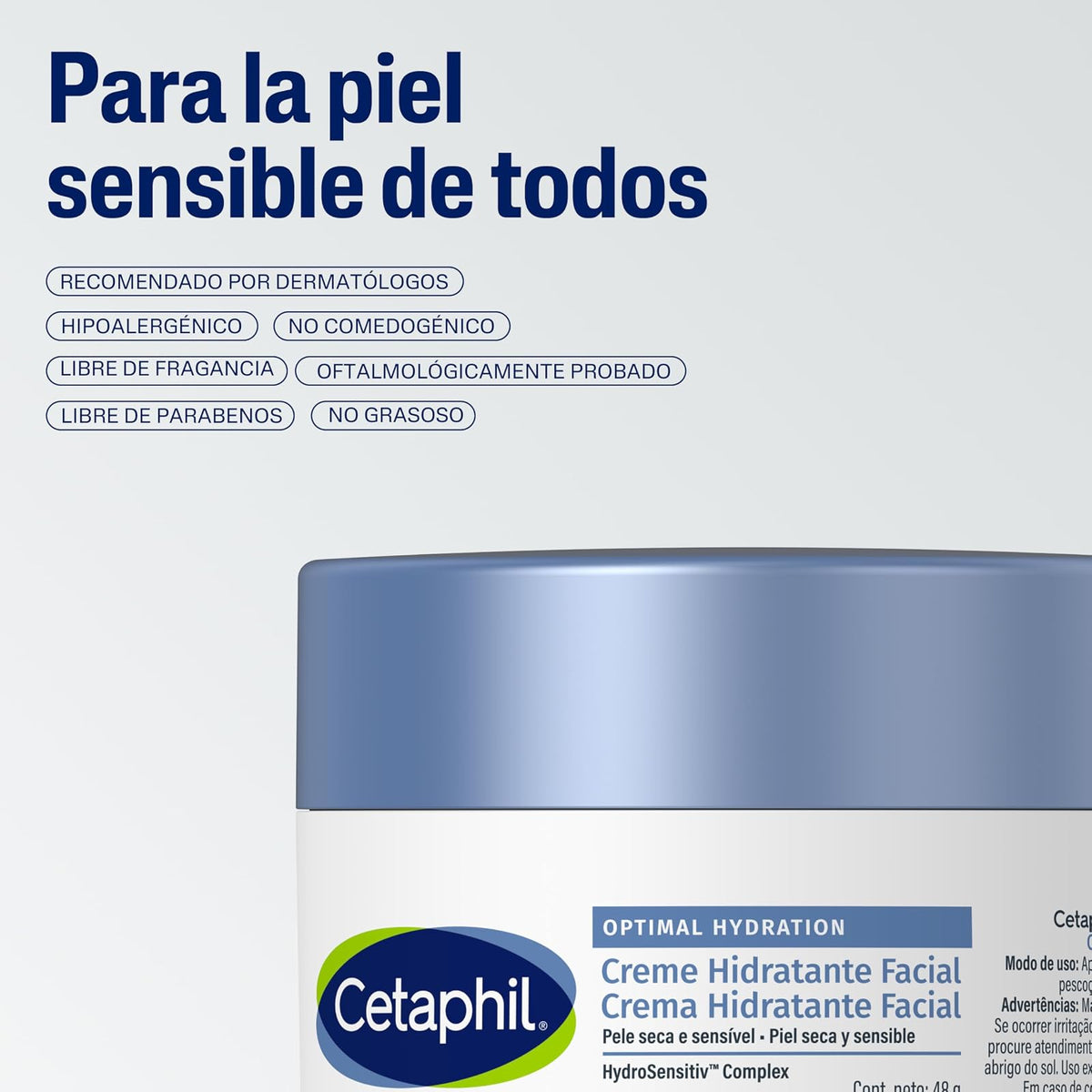 Cetaphil Optimal Hydration Crema de Día Facial Piel Sensible y Seca 48 g | Con HydroSensitiv Complex, ácido hialurónico y margarita azul, hidrata durante 48 horas, mejora la suavidad en 1 semana.