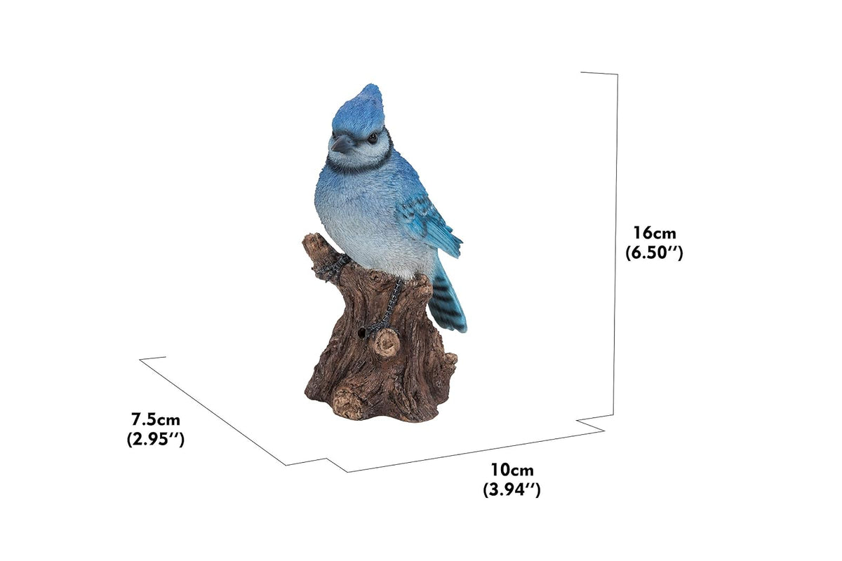 Hi-Line Gift Motion Activated Singing Blue Jay de pie en tocón
