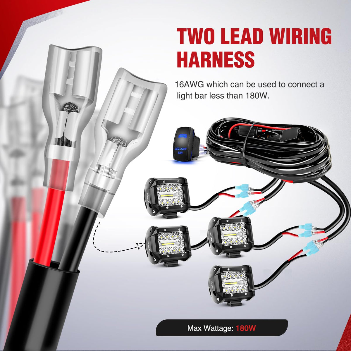 Nilight Kit de Cableado de Luces LED 16 AWG 4 Cables | Interruptor de 5 Pines, Resistente al Agua, para Coches, Jeep, Barcos, ATV, Camiones