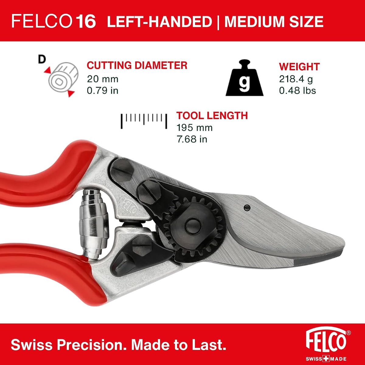 Felco - Tijeras de podar (F 16) - Podadora de jardín con una Mano para Zurdos de Alto Rendimiento Hecha en Suiza con Hoja de Acero