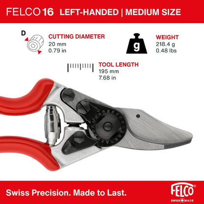 Felco - Tijeras de podar (F 16) - Podadora de jardín con una Mano para Zurdos de Alto Rendimiento Hecha en Suiza con Hoja de Acero