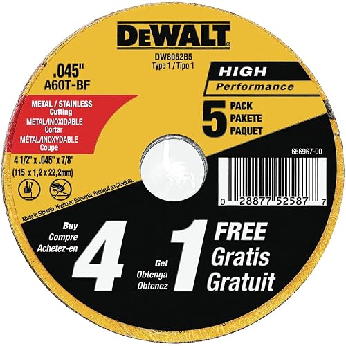 DEWALT rueda de corte, corte de metal de uso general, 4-1/2 pulgadas, paquete de 5 (DW8062B5)