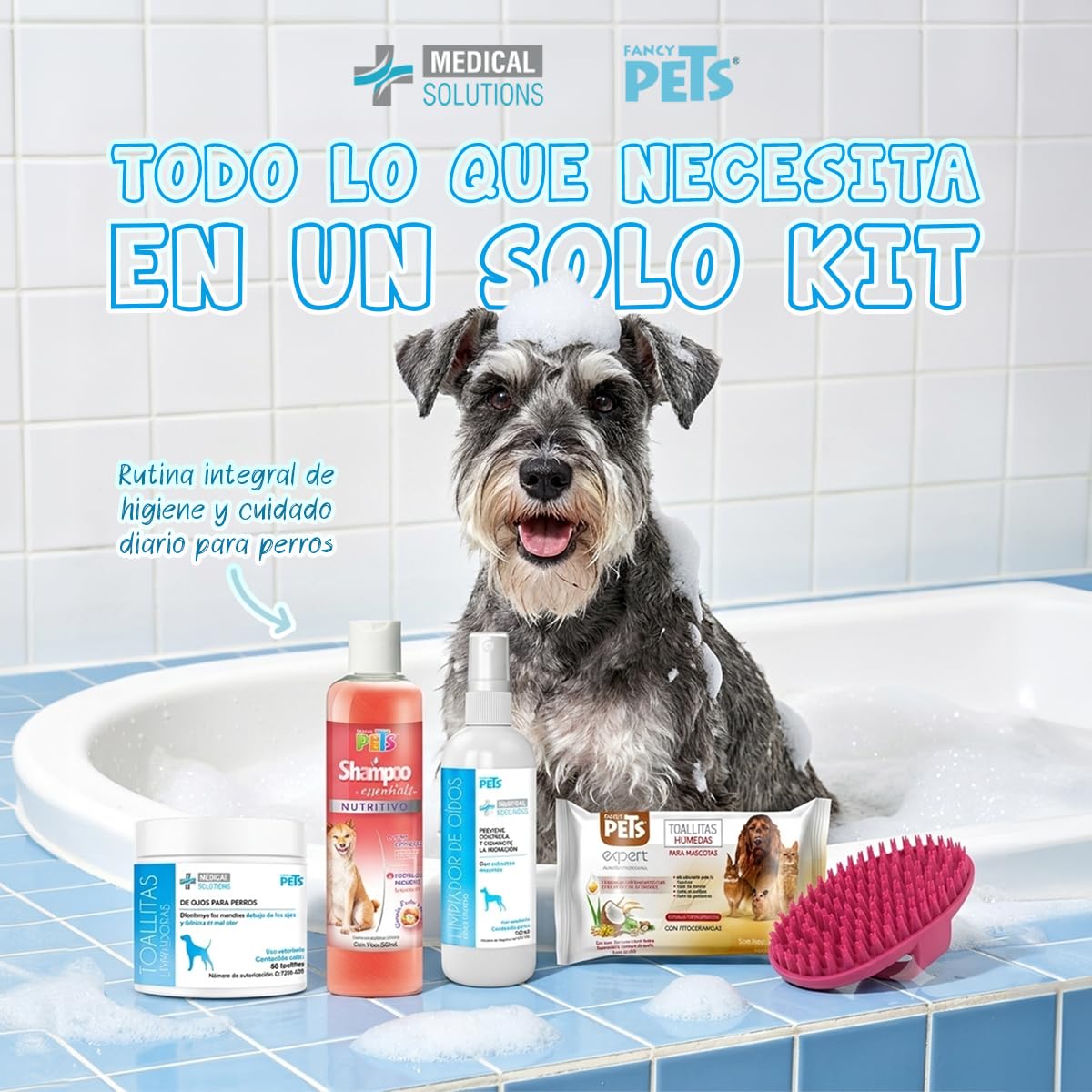 Fancy Pets MS Kit de Limpieza Básica para Perros con Limpiador de Oídos 125 ml, Toallitas para Ojos 80 pzas, Toallitas Húmedas 40 pzas, Removedor de Pelo y Shampoo Nutritivo 250 ml