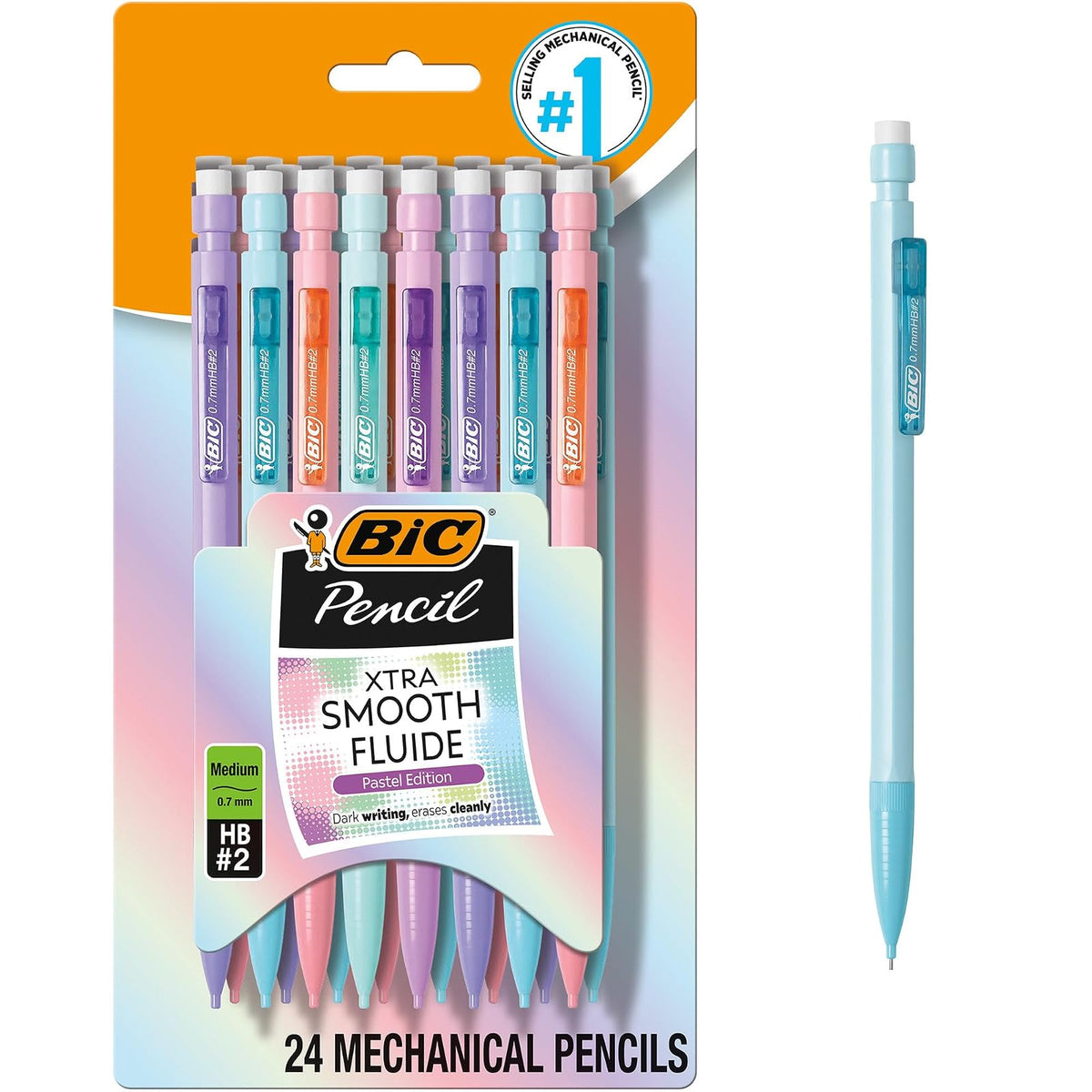 BIC Xtra - Lápiz mecánico suave, punta media (0.7 mm), divertidos lápices de color pastel, vuelta a la escuela, 24 unidades