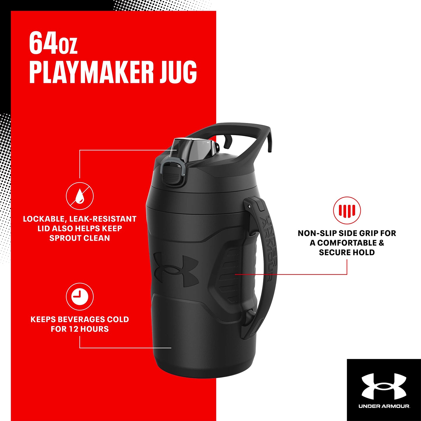 Under Armour Botella de agua de medio galón aislada, botella de agua aislada de 64 onzas con asa, jarra de agua deportiva, gancho de cerca, resistente a fugas, para béisbol, fútbol y más