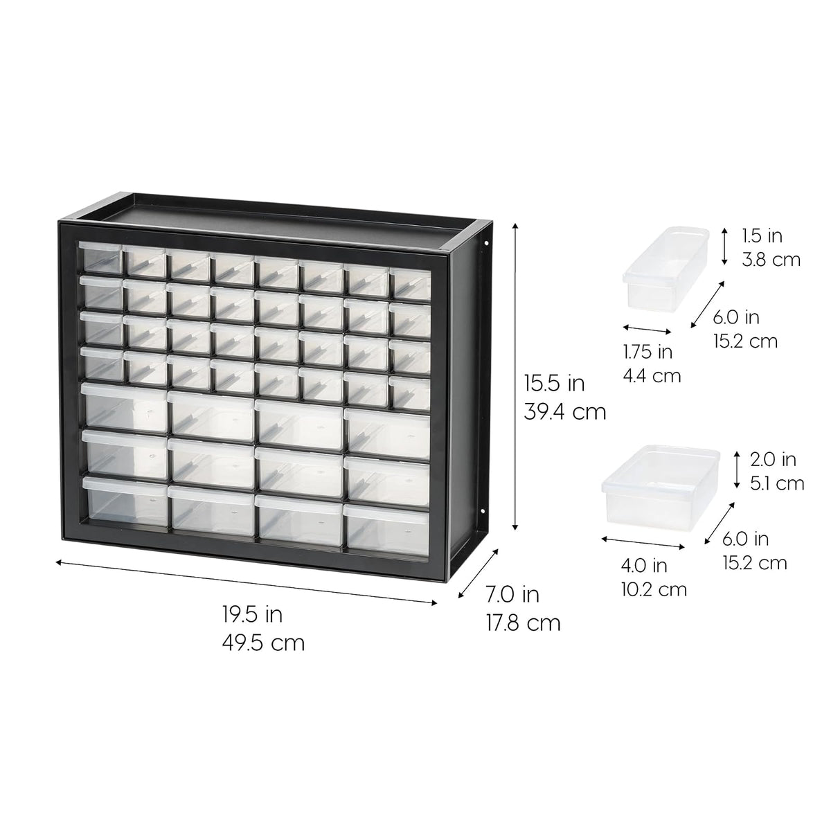 IRIS USA Gabinete de Almacenamiento Apilable de 44 Cajones para Ferretería y Juguetes, 49.53 cm An x 17.78 cm P x 39.37 cm Al, Negro - Pequeño Organizador de Baúl Utilitario Scrapbook y Pasatiempos