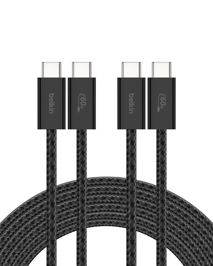 Belkin - Cable trenzado USB C a USB C de 60 W, paquete de 2 unidades, 3 m | iPhone 15/16/17, Samsung Galaxy S26, Pixel 10, Airpods, iPad, Nintendo Switch 2, MacBook, Steam Deck, viajes, Chromebook