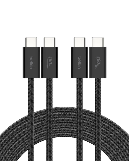 Belkin - Cable trenzado USB C a USB C de 60 W, paquete de 2 unidades, 3 m | iPhone 15/16/17, Samsung Galaxy S26, Pixel 10, Airpods, iPad, Nintendo Switch 2, MacBook, Steam Deck, viajes, Chromebook