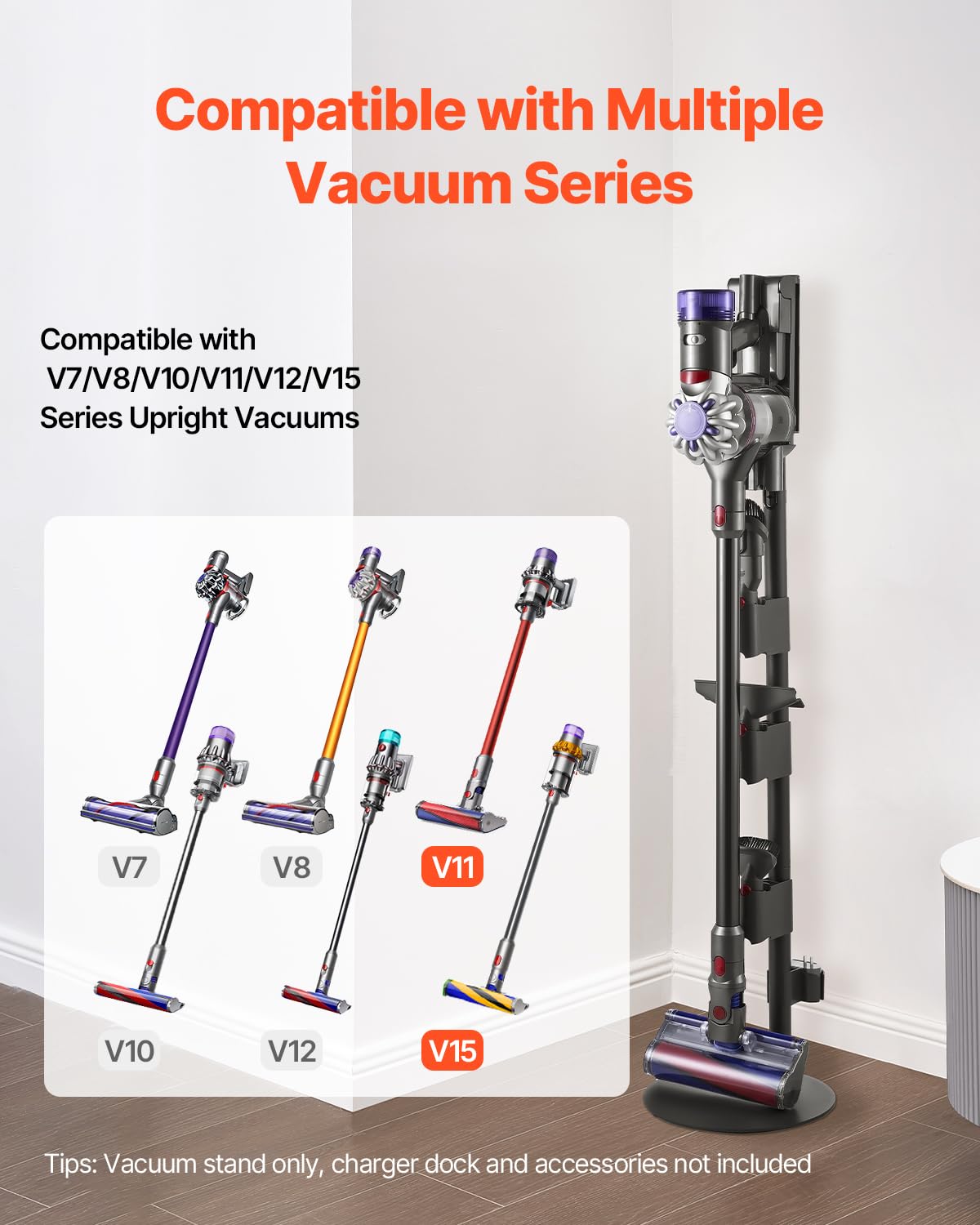 VEVOR Soporte de Aspiradora Compatible con Aspiradoras Verticales y Accesorios de las Series V7, V8, V10, V11, V12 y V15 Soporte Estable con 4 Almohadillas Antideslizantes, 3 Clips para 6 Cabezales