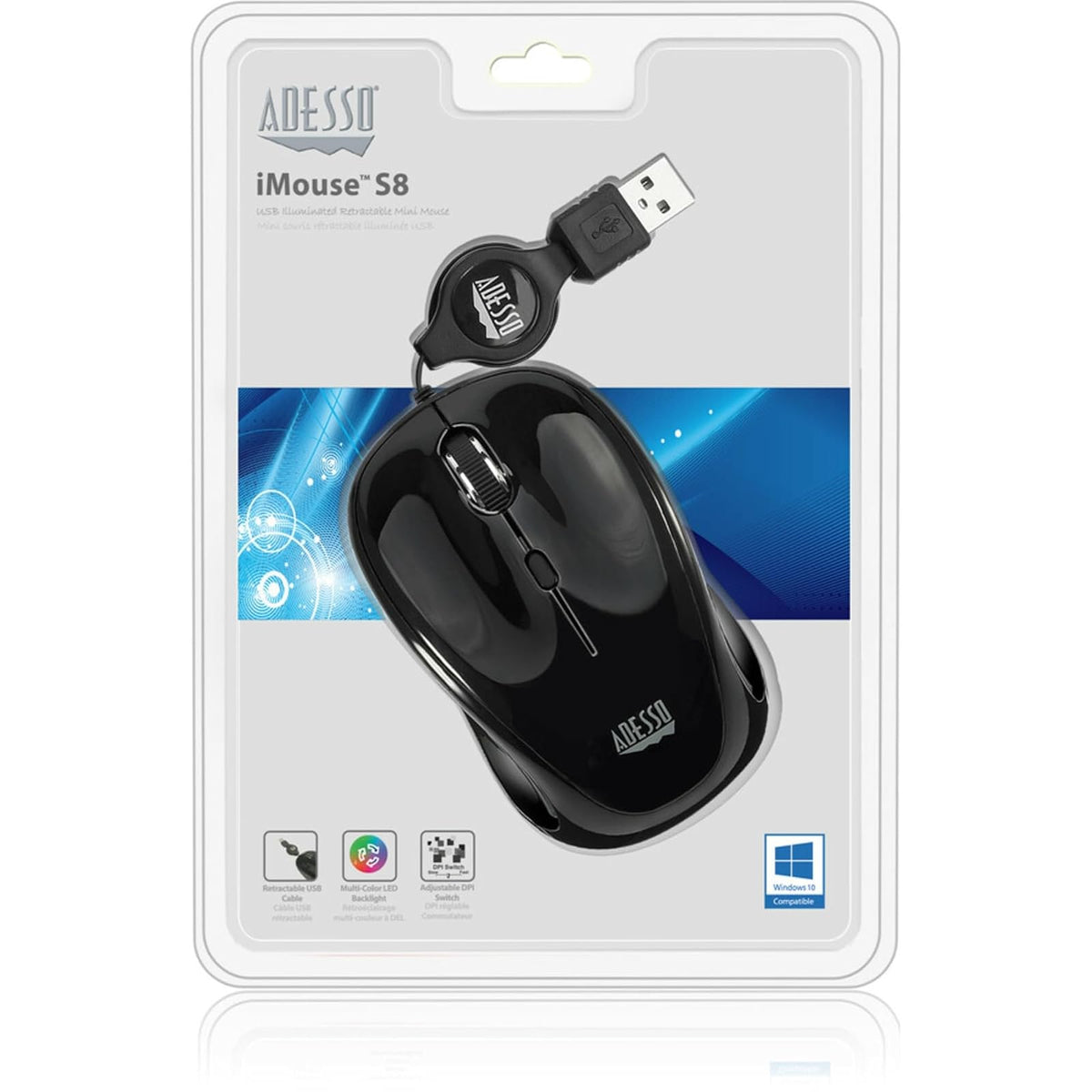 Adesso Ergonomic iMouse S8 - Retractable Optical USB Mouse (Black)