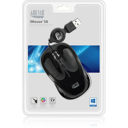 Adesso Ergonomic iMouse S8 - Retractable Optical USB Mouse (Black)