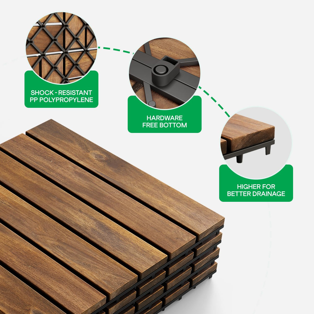 IDZO - Azulejos de cubierta entrelazados, 10 baldosas impermeables de madera de acacia, piso duradero para espacios interiores y exteriores, ideal para patios, balcones, cubiertas, cobertizos