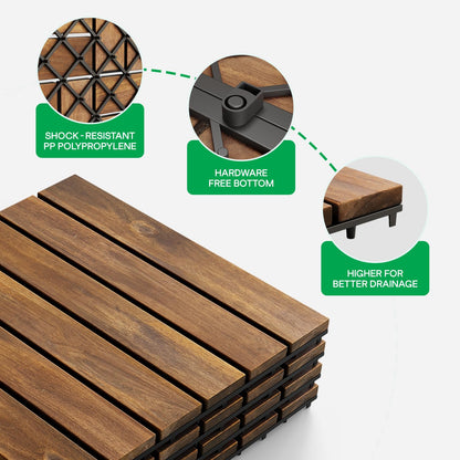 IDZO - Azulejos de cubierta entrelazados, 10 baldosas impermeables de madera de acacia, piso duradero para espacios interiores y exteriores, ideal para patios, balcones, cubiertas, cobertizos