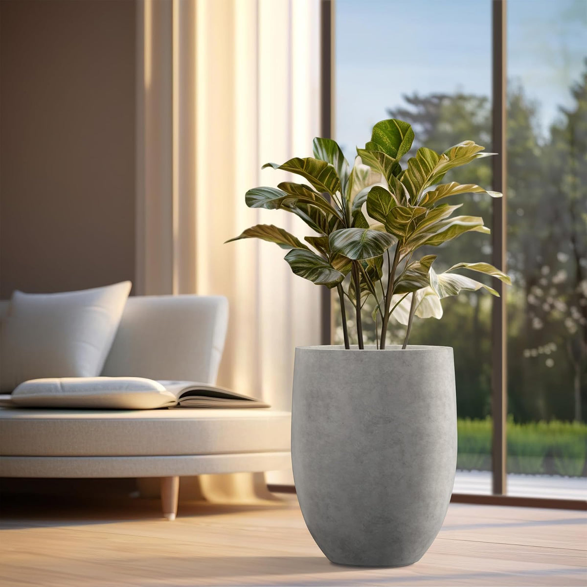 Kante - Maceta alta de hormigón natural de 21.7 pulgadas de alto, maceta decorativa grande para interiores con orificio de drenaje y tapón de goma, estilo redondo moderno para el hogar y el jardín (el color puede variar)