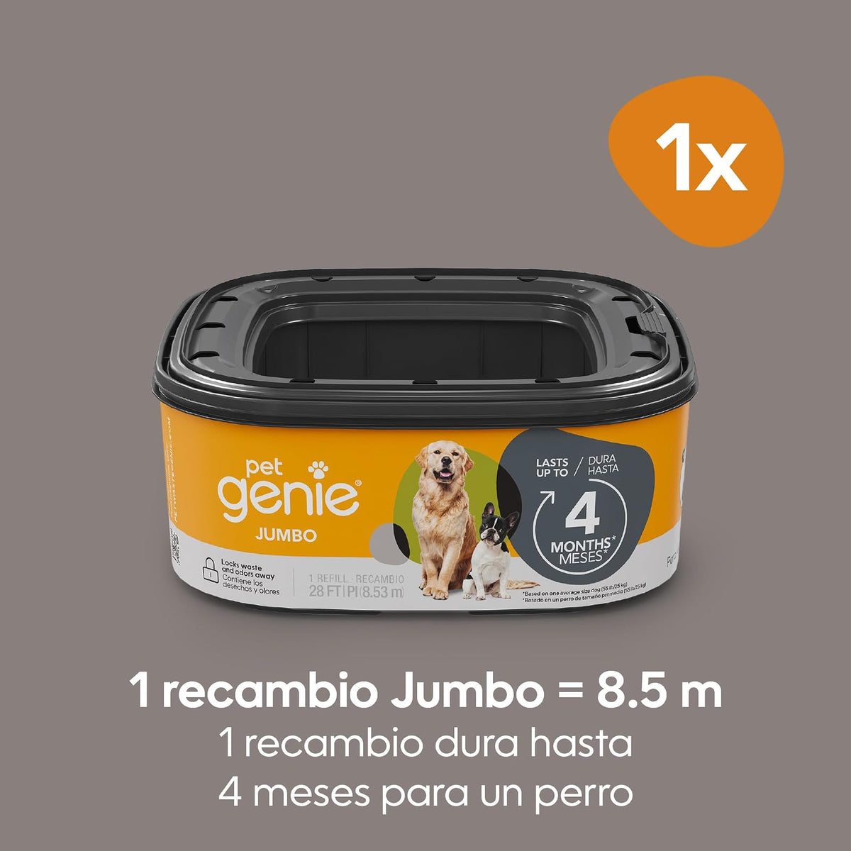 Recambio Pet Genie Jumbo | Película multicapa de 28 pies | Bloquea olores, dura hasta 4 meses | Eliminación fácil de desechos de perro