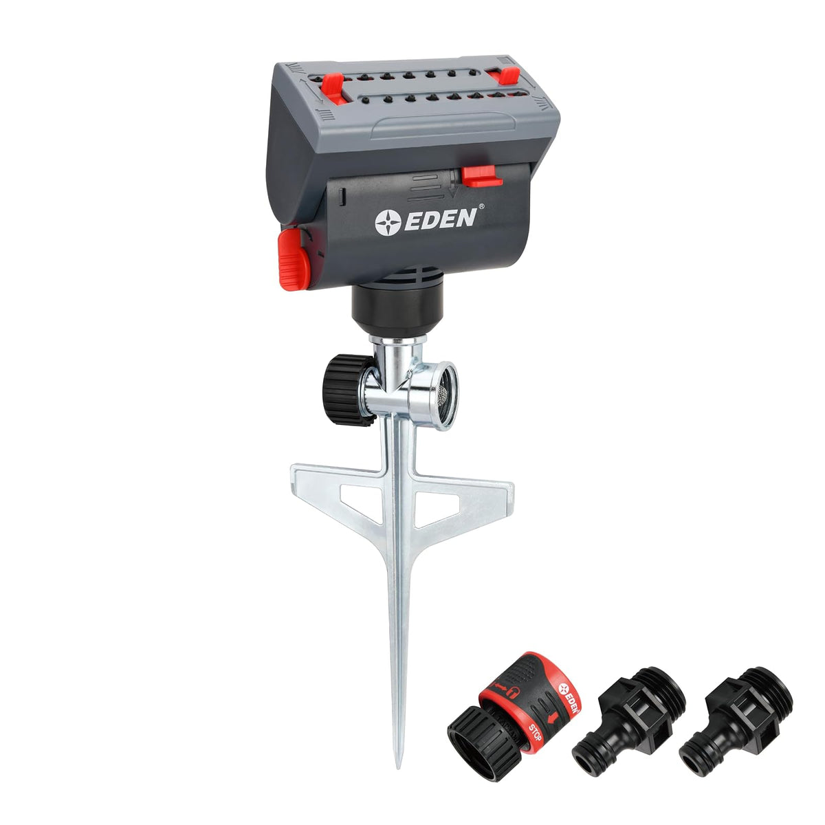 Eden 94145 Mini aspersor oscilante Ajustable de 4 vías con accionamiento de Engranaje de Punta escalonada, Resistente, Sistema de riego de jardinería, césped y jardín, Cobertura de hasta 4069 pies