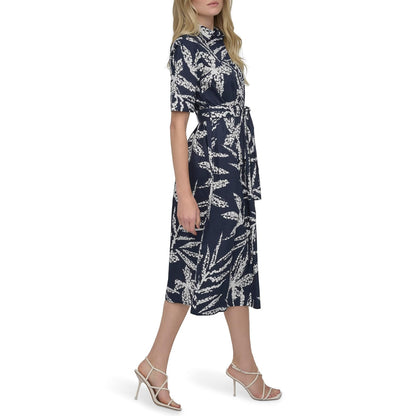 DKNY - Vestido Midi de Manga Larga para Mujer, Cuello Anudado, Cintura y cinturón