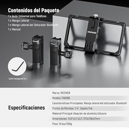 NEEWER Universal Phone Jaula Cage Video Rig con Side Handle de Obturador Bluetooth, Estabilizador de Movil Teléfono para Grabación Compatible con iPhone 15 Pro MAX 15 Pro Galaxy S24 Ultra, PA009E