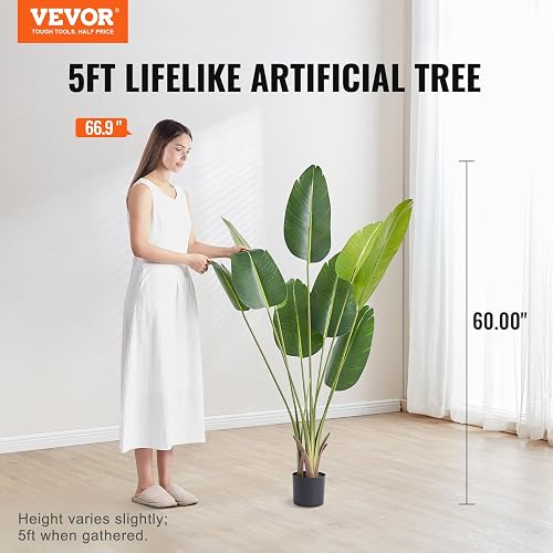 VEVOR Árbol Artificial 1524 mm Planta Artificial PE Palmera Pájaro Paraíso Árbol Verde Falso con Maceta 152x128 mm Decoración de Plantas Falsas para Hogar Oficina Centros Comerciales Interior Exterior