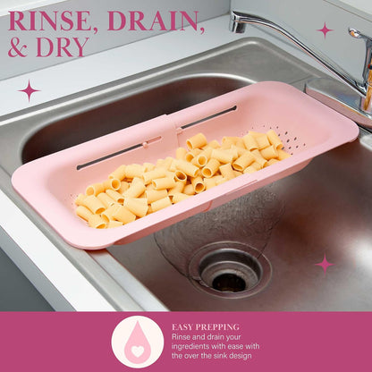 Paris Hilton Colador Extensible sobre el Fregadero, Ajustable de 14.5 a 19.5 Pulgadas, Rosa, Plástico Duradero sin BPA