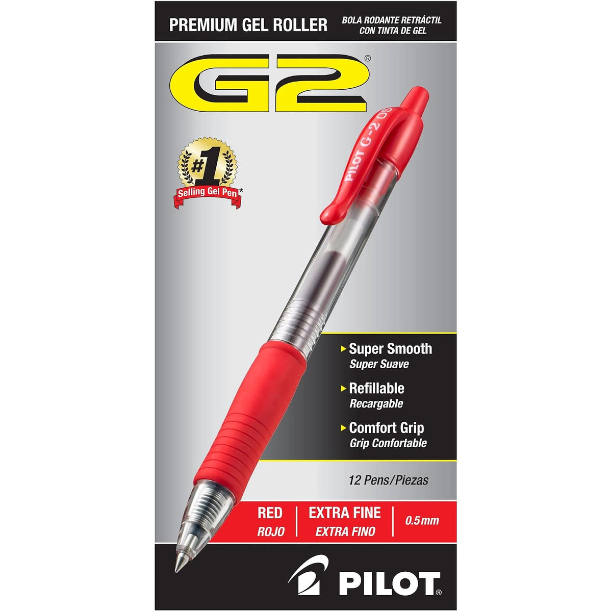 Pilot G2 Retractable Premium Gel Ink Roller Ball Pens, Extra Fine Point, Red Ink, Dozen Box (31004)