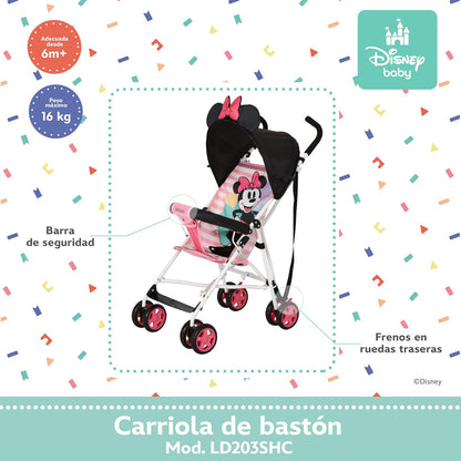 INFANTI | Carriola de Bastón Disney | Edición Minnie | Diseño Ligero y Compacto | Plegado Fácil y Correa de Transporte | Para Bebés de 6 Meses a 16 kg | Arnés de 3 Puntos | Color Rosa