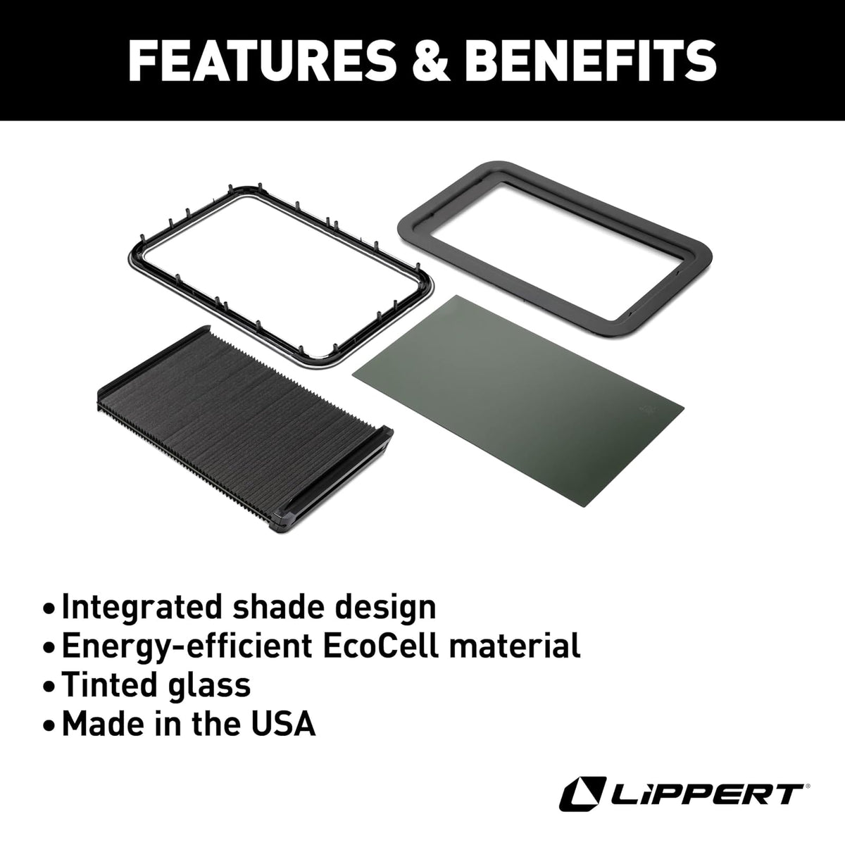 Lippert EcoCell - Kit Completo de Ventana de RV para Puertas de Entrada con Marco, Vidrio Tintado, persiana Horizontal, protección contra Bloqueo Solar, fácil operación Deslizante, instalación rápida
