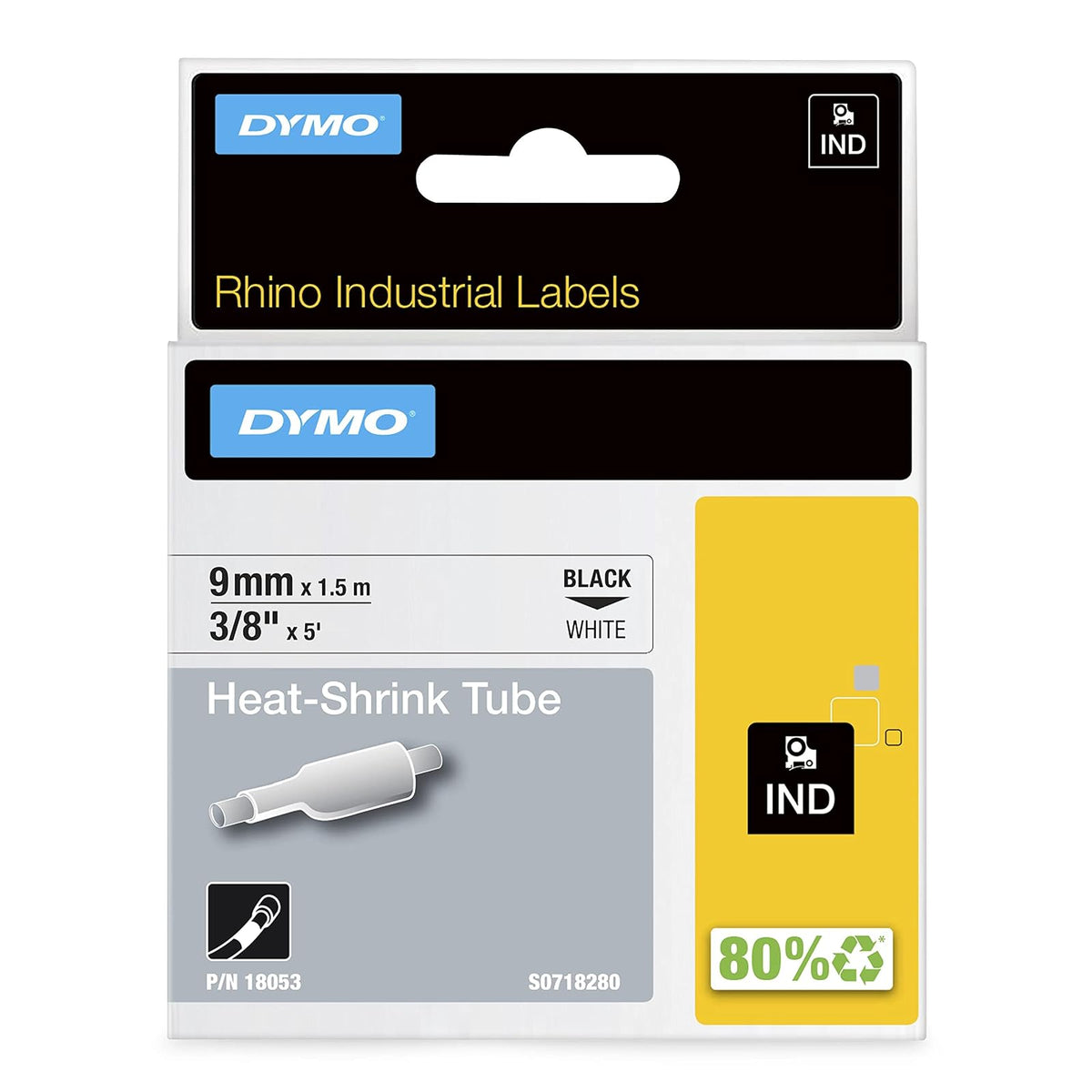 Dymo Cinta Termorretráctil para Etiquetadora, Identificación de Cables - 0.95 cm (3 - 8'') - Negro sobre blanco