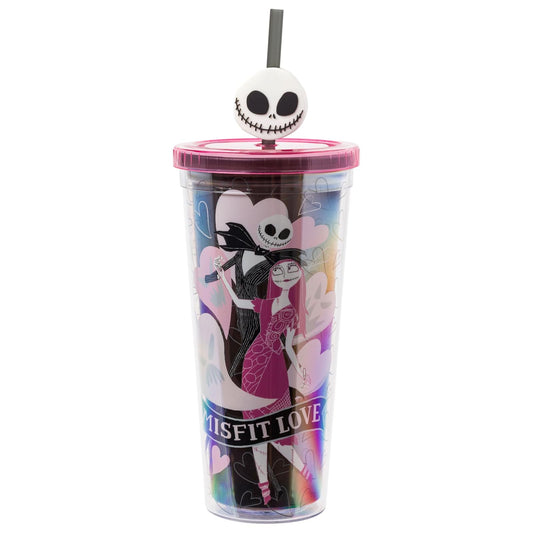 Silver Buffalo Disney Pesadilla Antes de Navidad Taza | 24 oz, Jack Skellington y Sally, plástico con tapa de rosca y popote reutilizable, sostenible