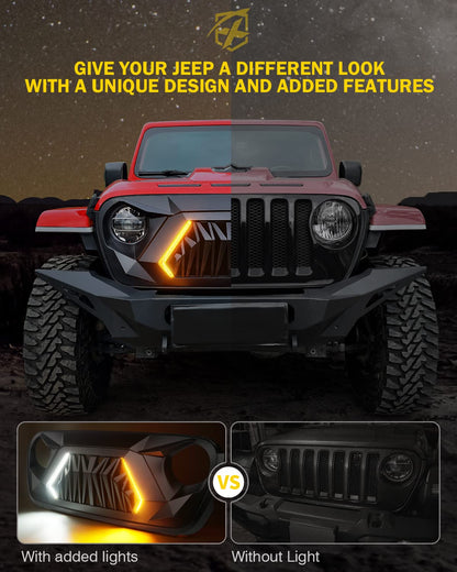Xprite - Parrilla frontal de repuesto compatible con Jeep Wrangler JL JLU y 2020+ Gladiator JT, parrilla de tiburón negro mate con luz para correr y intermitentes